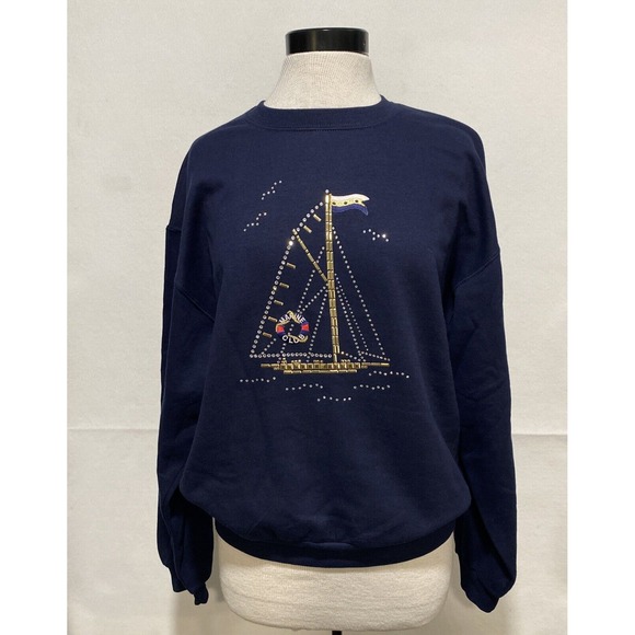 Christine Alexander Vintage Women's Med Marine Club Sailboat‎ Studded Pullover - Picture 1 of 9